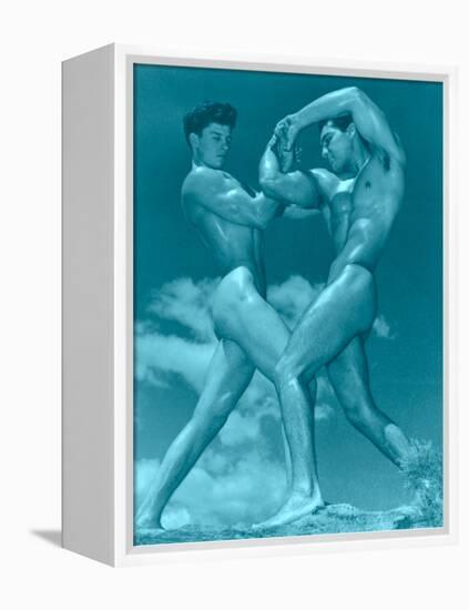 Two Wrestling Muscle Men in Blue Tint-null-Framed Stretched Canvas