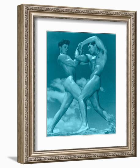 Two Wrestling Muscle Men in Blue Tint-null-Framed Art Print