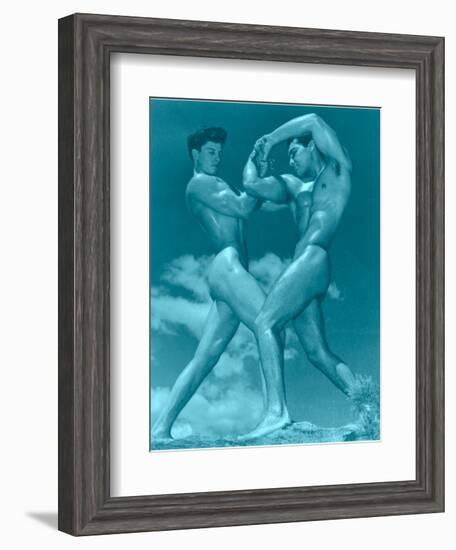 Two Wrestling Muscle Men in Blue Tint-null-Framed Art Print