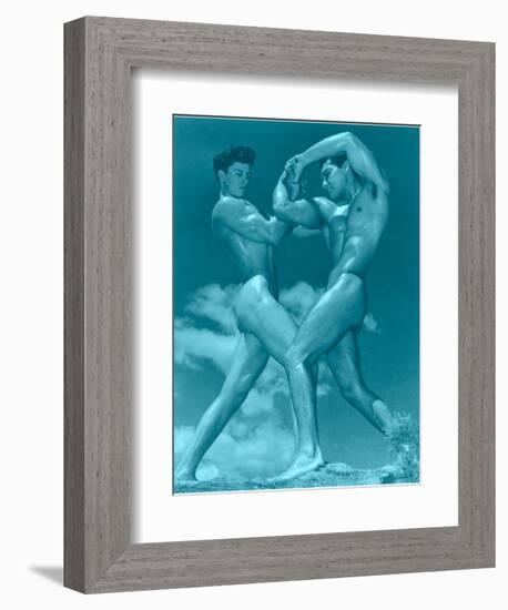 Two Wrestling Muscle Men in Blue Tint-null-Framed Art Print