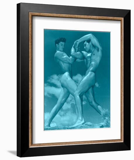 Two Wrestling Muscle Men in Blue Tint-null-Framed Art Print