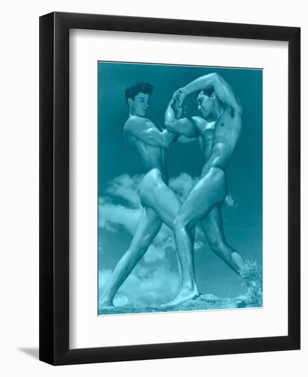 Two Wrestling Muscle Men in Blue Tint-null-Framed Art Print