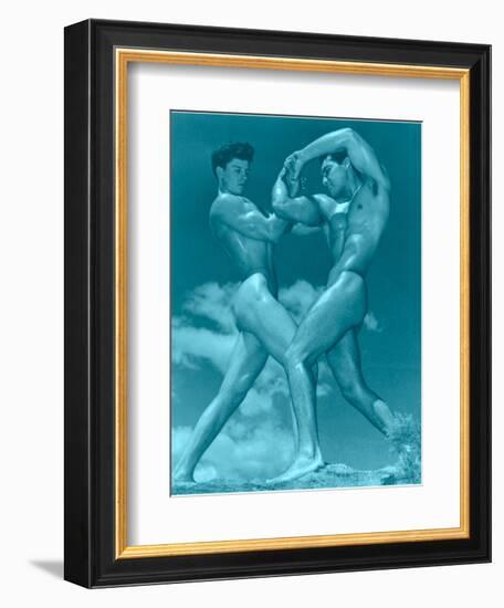 Two Wrestling Muscle Men in Blue Tint-null-Framed Art Print