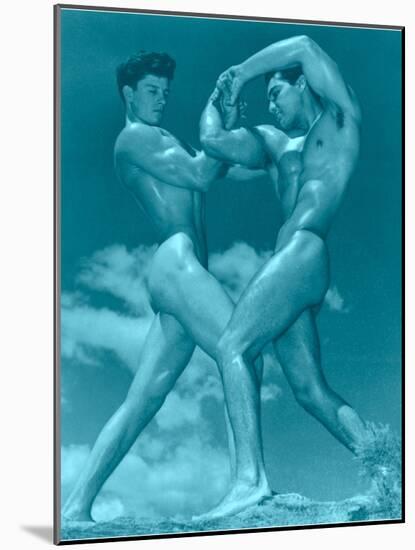 Two Wrestling Muscle Men in Blue Tint-null-Mounted Art Print