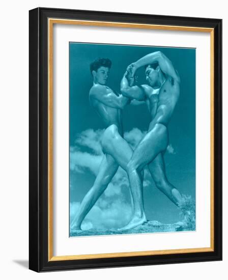 Two Wrestling Muscle Men in Blue Tint-null-Framed Art Print