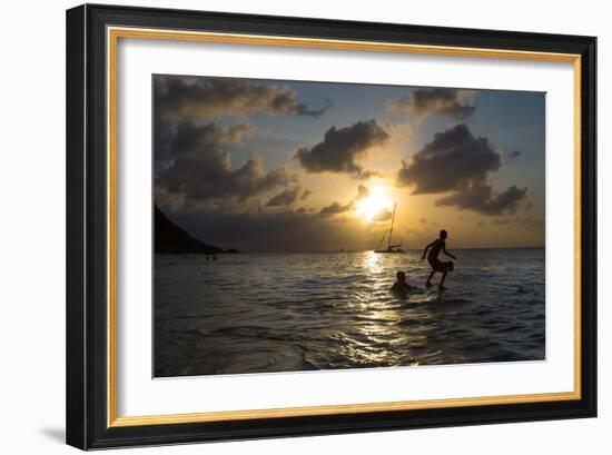 Two Young Boys Attempt to Surf on Praia Da Conceicao Beach at Sunset-Alex Saberi-Framed Photographic Print