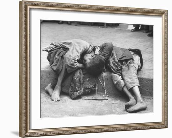 Two Young Children Dying Together in Gutter During Famine, Unable to Get Enough Food from Begging-George Silk-Framed Photographic Print