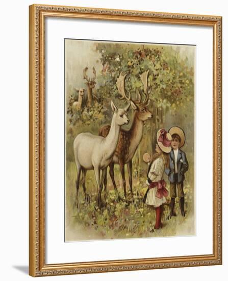 Two Young Children Feeding the Deer in a Park-null-Framed Giclee Print