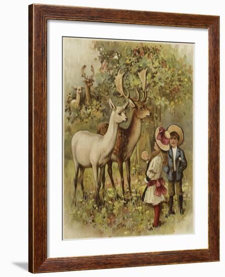 Two Young Children Feeding the Deer in a Park-null-Framed Giclee Print