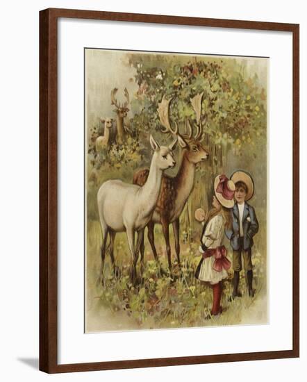 Two Young Children Feeding the Deer in a Park-null-Framed Giclee Print
