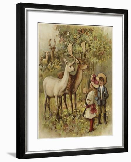 Two Young Children Feeding the Deer in a Park-null-Framed Giclee Print