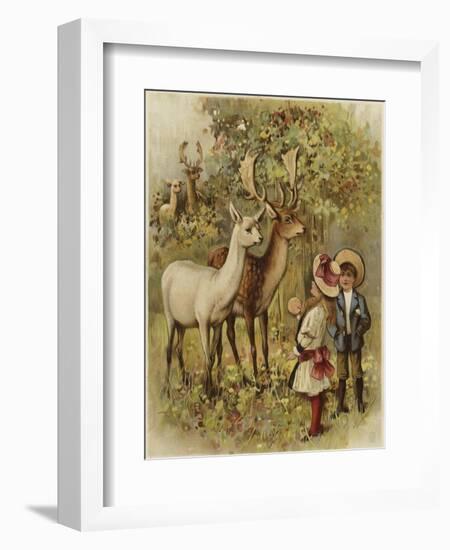 Two Young Children Feeding the Deer in a Park-null-Framed Giclee Print