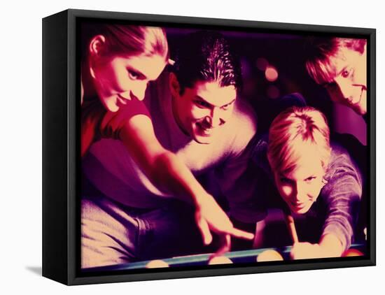 Two Young Couples Playing Pool-null-Framed Premier Image Canvas