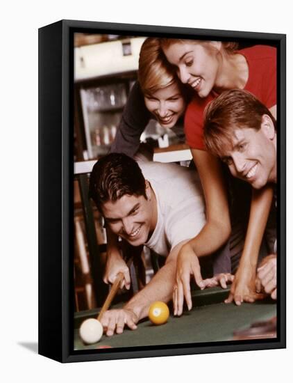 Two Young Couples Playing Pool-null-Framed Premier Image Canvas