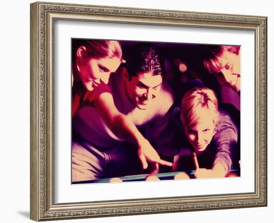 Two Young Couples Playing Pool-null-Framed Photographic Print