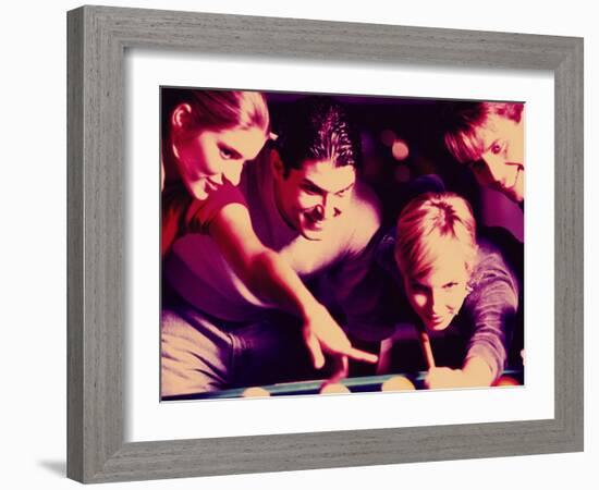 Two Young Couples Playing Pool-null-Framed Photographic Print