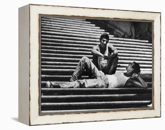 Two Young Italian Workmen Loafing on the Spanish Steps During Lunch Hour-Paul Schutzer-Framed Premier Image Canvas