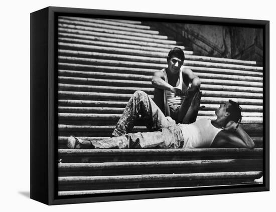 Two Young Italian Workmen Loafing on the Spanish Steps During Lunch Hour-Paul Schutzer-Framed Premier Image Canvas