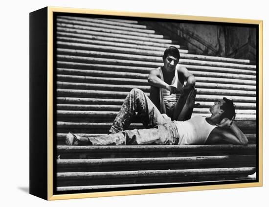 Two Young Italian Workmen Loafing on the Spanish Steps During Lunch Hour-Paul Schutzer-Framed Premier Image Canvas