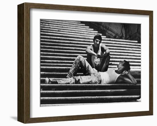 Two Young Italian Workmen Loafing on the Spanish Steps During Lunch Hour-Paul Schutzer-Framed Photographic Print