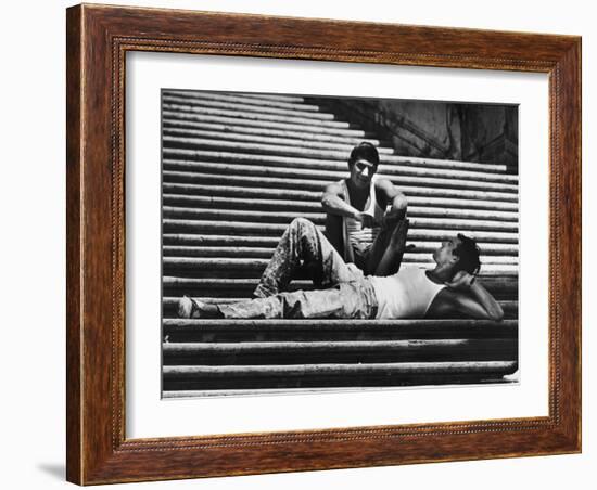 Two Young Italian Workmen Loafing on the Spanish Steps During Lunch Hour-Paul Schutzer-Framed Photographic Print