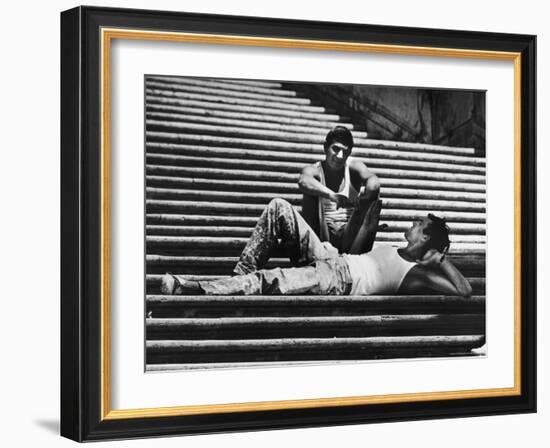 Two Young Italian Workmen Loafing on the Spanish Steps During Lunch Hour-Paul Schutzer-Framed Photographic Print