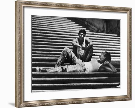 Two Young Italian Workmen Loafing on the Spanish Steps During Lunch Hour-Paul Schutzer-Framed Photographic Print