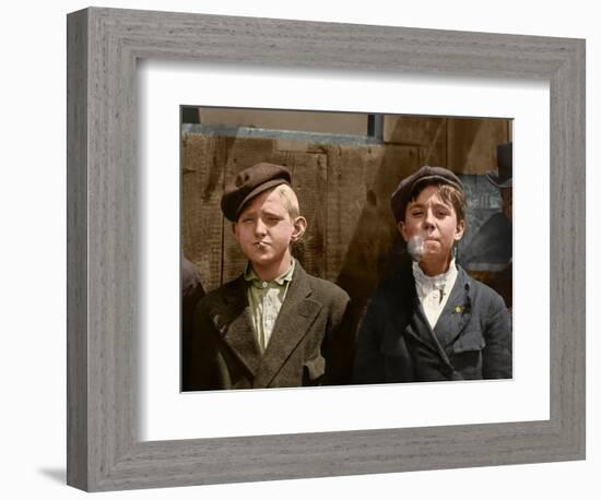 Two Young Newsboys Smoking, Saint Louis, Missouri, Usa, 1910 (Coloured Photo)-Lewis Wickes Hine-Framed Giclee Print