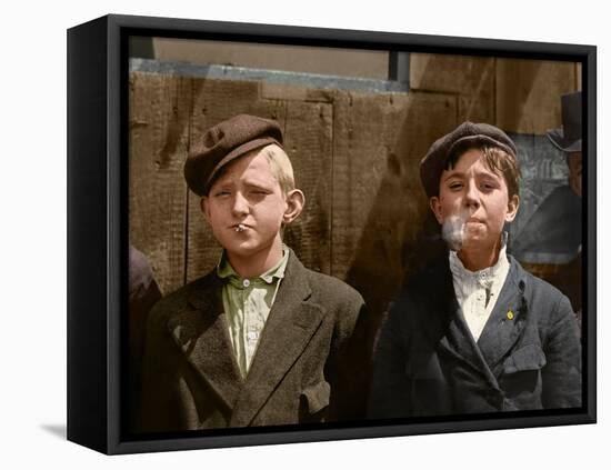 Two Young Newsboys Smoking, Saint Louis, Missouri, Usa, 1910 (Coloured Photo)-Lewis Wickes Hine-Framed Premier Image Canvas