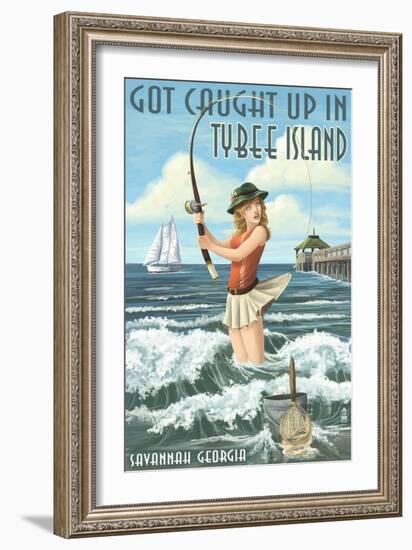 Tybee Island, Georgia - Pinup Girl Fishing-Lantern Press-Framed Art Print