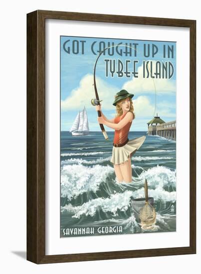 Tybee Island, Georgia - Pinup Girl Fishing-Lantern Press-Framed Art Print