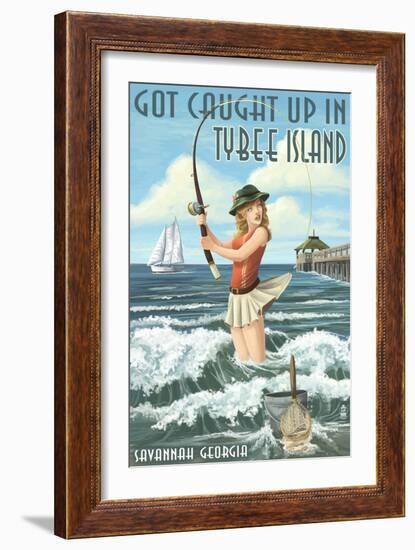 Tybee Island, Georgia - Pinup Girl Fishing-Lantern Press-Framed Art Print