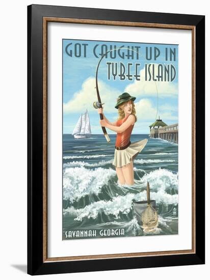 Tybee Island, Georgia - Pinup Girl Fishing-Lantern Press-Framed Art Print