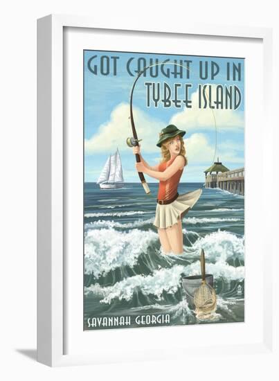 Tybee Island, Georgia - Pinup Girl Fishing-Lantern Press-Framed Premium Giclee Print