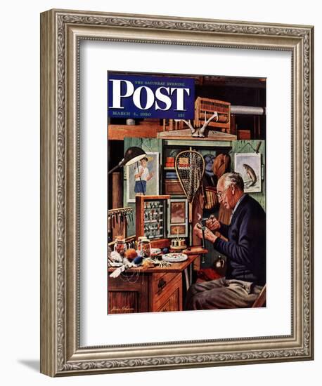 "Tying Flies" Saturday Evening Post Cover, March 4, 1950-Stevan Dohanos-Framed Giclee Print