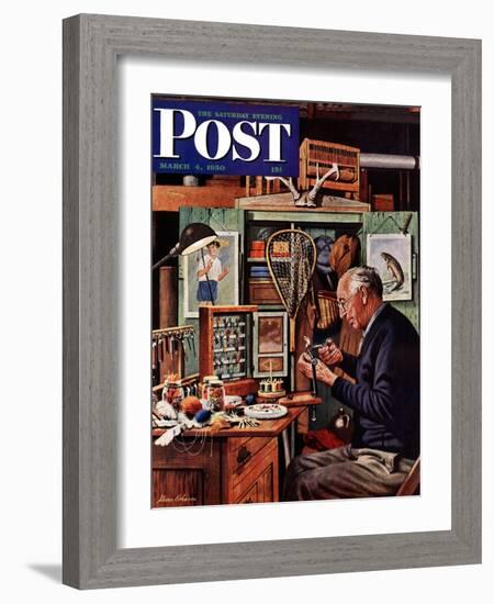 "Tying Flies" Saturday Evening Post Cover, March 4, 1950-Stevan Dohanos-Framed Giclee Print