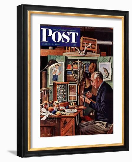 "Tying Flies" Saturday Evening Post Cover, March 4, 1950-Stevan Dohanos-Framed Giclee Print