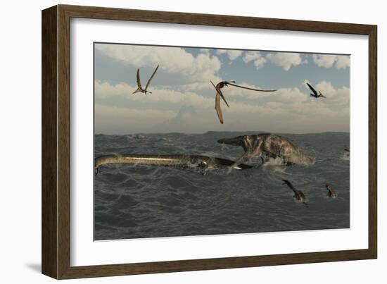 Tylosaurus Attacks a Styxosaurus in Cetaceous Waters-Stocktrek Images-Framed Art Print