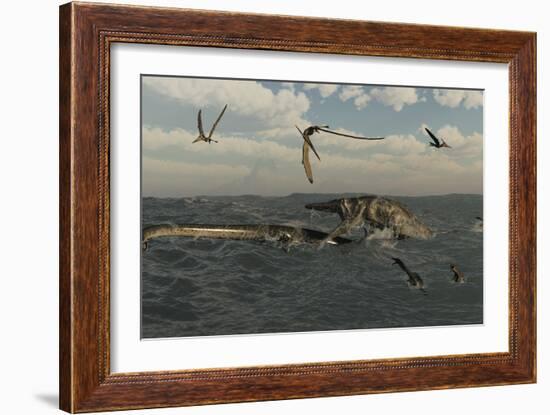 Tylosaurus Attacks a Styxosaurus in Cetaceous Waters-Stocktrek Images-Framed Art Print