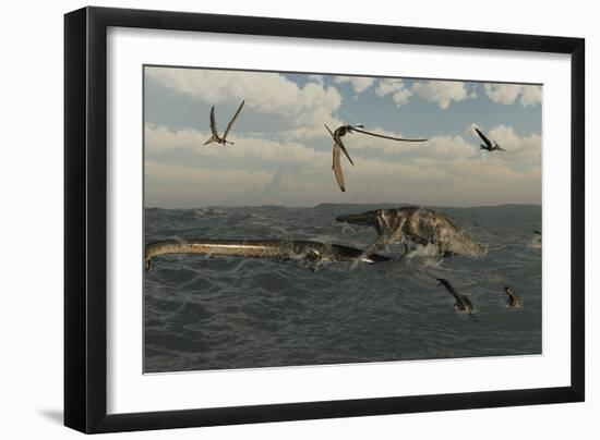 Tylosaurus Attacks a Styxosaurus in Cetaceous Waters-Stocktrek Images-Framed Art Print