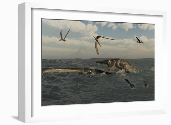 Tylosaurus Attacks a Styxosaurus in Cetaceous Waters-Stocktrek Images-Framed Art Print