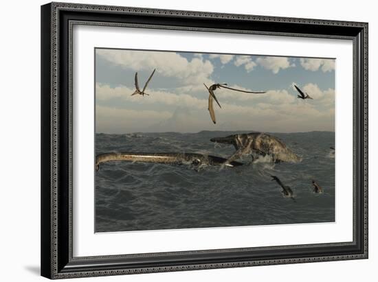 Tylosaurus Attacks a Styxosaurus in Cetaceous Waters-Stocktrek Images-Framed Art Print