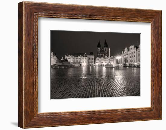 Tyn Church at dawn on wet cobblestones in Old Town Square in Prague, Czech Republic-Chuck Haney-Framed Photographic Print