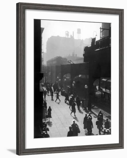 Typical 1920's Big City Street with Pedestrians, an Elevated Train and Motor Traffic-null-Framed Photographic Print