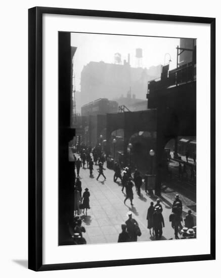 Typical 1920's Big City Street with Pedestrians, an Elevated Train and Motor Traffic-null-Framed Photographic Print