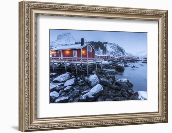 Typical Fishermen Houses Called Rorbu in the Snowy Landscape at Dusk, Norway-Roberto Moiola-Framed Photographic Print