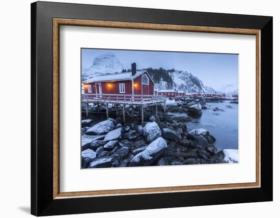 Typical Fishermen Houses Called Rorbu in the Snowy Landscape at Dusk, Norway-Roberto Moiola-Framed Photographic Print