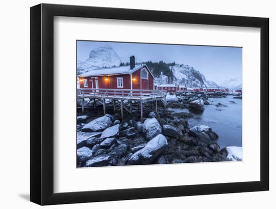 Typical Fishermen Houses Called Rorbu in the Snowy Landscape at Dusk, Norway-Roberto Moiola-Framed Photographic Print