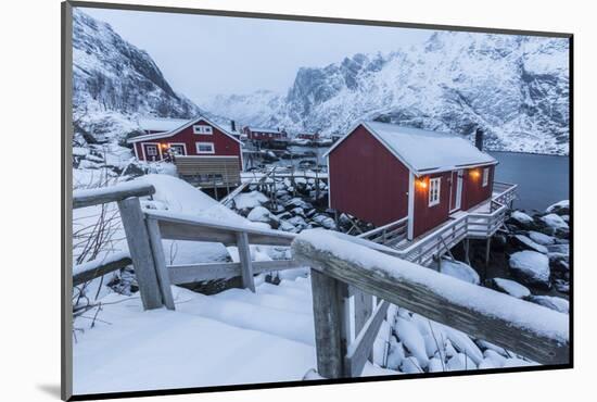 Typical Fishermen Houses Called Rorbu in the Snowy Landscape at Dusk, Norway-Roberto Moiola-Mounted Photographic Print
