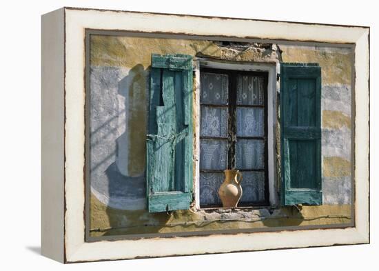 Typical French Window, with Turquoise Wooden Shutters and Terracotta Jug-LatitudeStock-Framed Premier Image Canvas